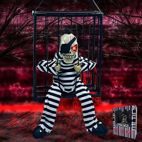 Irieply Screaming Motion Activat de Halloween Decorații de groază Senzor de mișcare cu sunet, înfricoșător Craniu cușcă prizonier