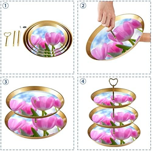 Pink Tulip Flower Stand cu 3 niveluri de cupcake, suport pentru tort, suport pentru desert cu niveluri, farfurii rotunde pentru