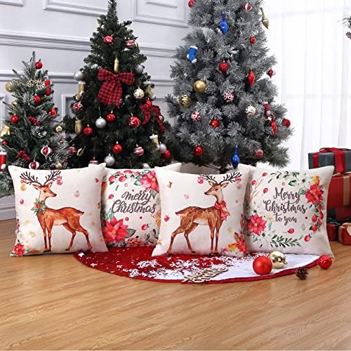 Caromio Christmas Pillow Huse 18x18 Set de 4 cerbi Aruncați perne Huse de Crăciun Decor de Crăciun Aruncă Pillow Case Farmhouse