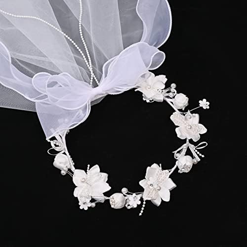 Funsveta fete prima comuniune voal alb florale coroana cu perle caciula pentru ziua comuniunii