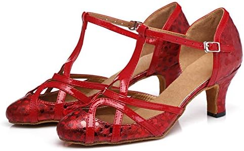 Femei T-curea T de sclipici salsa tango sală de bal, pantofi de dans de nuntă latină cu călcâi scăzut 6 cm, roșu, model 2040,