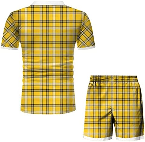 Xxbr mens vara 2 seturi de piese verificate print imprimeu cu mânecă scurtă cu zip polo golf tricouri pantaloni scurți set