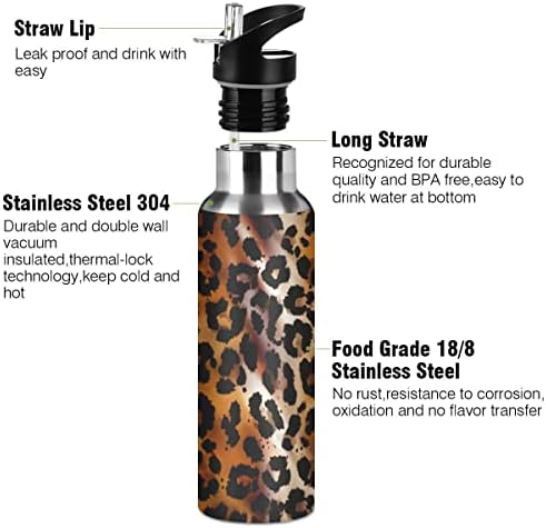 Sticlă de apă cu cravată cu imprimeu leopard cu capac de paie, fără BPA, 32 oz sticle de apă din oțel inoxidabil izolat, pentru