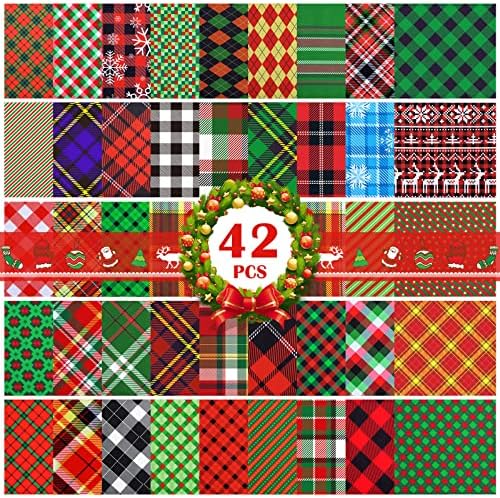 42 piese Crăciun Tesatura matlasare pătrate 10 x 10 Inch Crăciun carouri dungă verde roșu matlasare toamna Tesatura Craft pentru