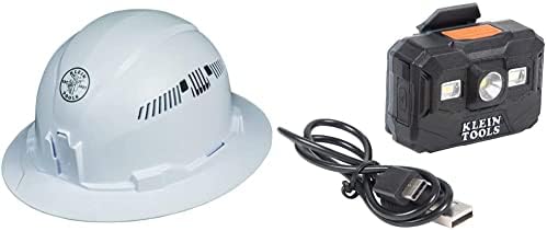Klein Tools 60401 Hard Hat, ventilat, stil plin, căptușit, alb & amp; 56062 far reîncărcabil LED/Worklight pentru Klein Hardhats,