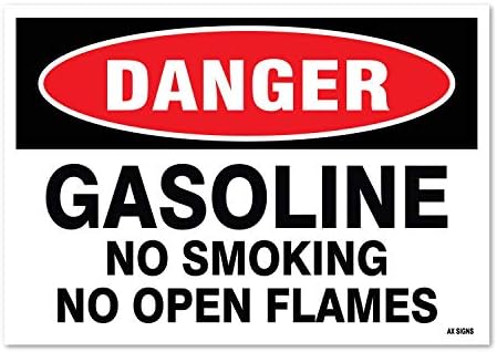Pericol: benzină fără fumat fără flăcări deschise, 7 înălțime x 10 lățime, negru/roșu pe alb, autocolant de vinil adeziv, uzură