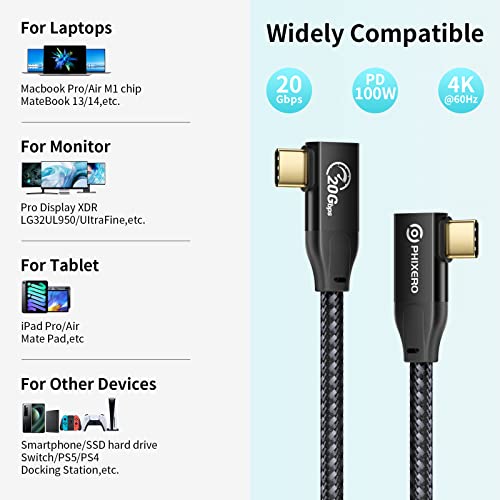 PHIXERO 100W cablu USB C la USB C [USB C 3.2 Gen 2x2, 20gbps, 1.6 ft] cablu USB C cu unghi drept dublu cu ieșire Video 4K,