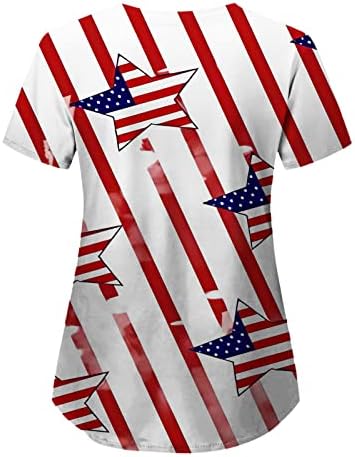4 iulie Camasi pentru femei Usa Flag vara maneca scurta V Neck Tee Shirt cu 2 buzunare Bluze vacanță Casual Workwear