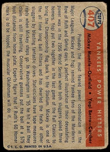 1957 Topps 407 Yankees 'Power Hitters Mickey Mantle/Yogi Berra New York Yankees săraci Yankees