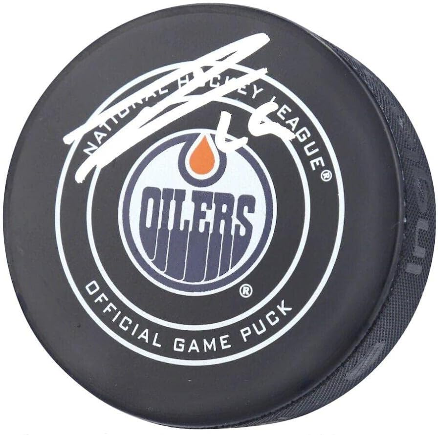 Leon Draisaitl a semnat pucul de hochei autografat Edmonton OLD Oilers Fanatics-pucuri NHL autografate
