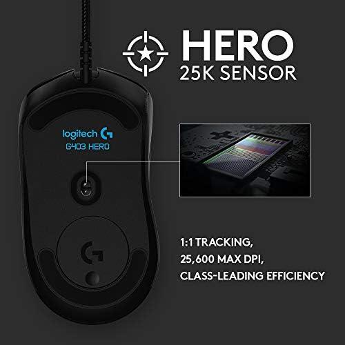Mouse pentru jocuri Logitech G403 Hero 25k, Lightsync RGB, ușor 87G+10g opțional, cablu împletit, 25.600 DPI, mânere laterale