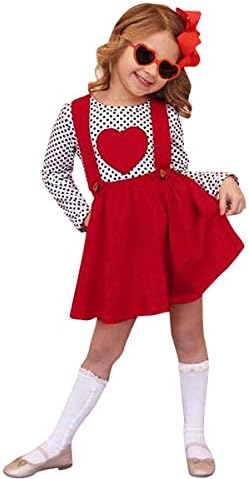 Modntoga Toddler Girl Girl Fata Valentine's Outfit cu mânecă lungă Dot Heart Tricou Tricou+Sustăreț curea fuste roșii set de