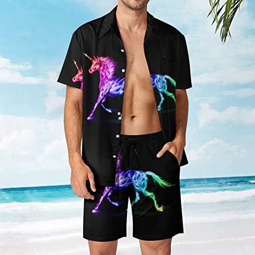 Rainbow Fire unicorn bărbați 2 piese hawaii set buton în jos cămăși cu mânecă scurtă pantaloni de plajă pentru a se potrivi