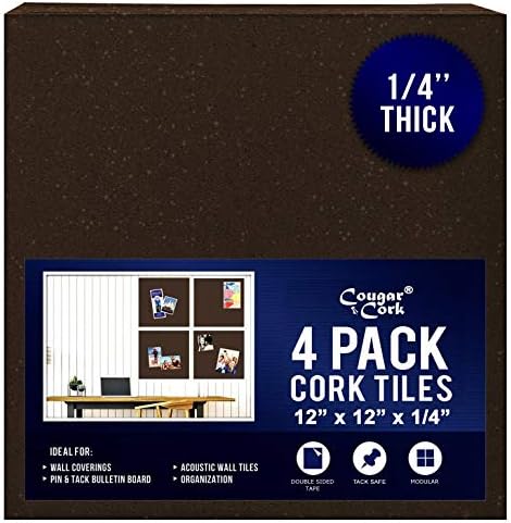 Placi de perete întunecat Cougar Cork - 4 pachet pătrat 12 x 12 | Plăci de plută groase de 1/4 cu suport de auto -adeziv ultra