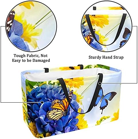 Lorvies Flowers Butterflies Digital Hydragea Daisies Coș de depozitare albastru - dreptunghi mare pentru haine, jucării, încălțăminte