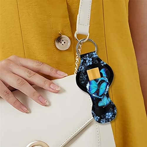 Cozeyat albastru fluture model Keychain ruj titular,Elastic cheie inel Husă pentru femei Fete chapstick Husă pentru geanta