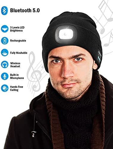 Pălărie Bluetooth Beanie cu lumină, pălărie LED reîncărcabilă USB cu căști, pălărie Beanie cu muzică luminată de noapte, Cadouri