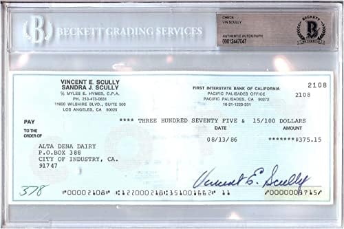 Vin Scully a semnat autografat Check Personal La Dodgers 2108 1986 BGS SLABBED - Baseball Slabbed Autographed Cards