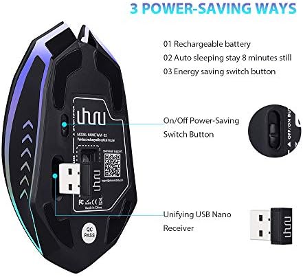 Uhuru Wireless Gaming Mouse reîncărcabil, până la 10000 dpi, 6 butoane programabile, 7 culori schimbabile, 2.4 G USB LED RGB