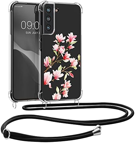 Carcasă KWMobile Crossbody compatibilă cu Samsung Galaxy S22 Plus curea de carcasă - Magnolias Pink/White/Transparent