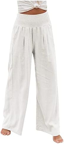 Pantaloni pentru femei, lenjerie de bumbac clasică Pantaloni Flowy Flowy Palazzo cu buzunare