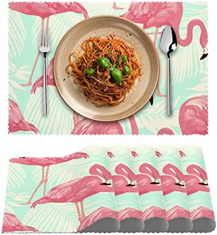 Pânză Placemats, covorașe de masă lavabile pentru masă Set de 6, Flamingo Bird Tropical Palm