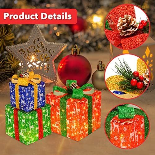 Set de 3 cutii de cadouri luminate de Crăciun, pre-luminat 60 LED-uri luminiți cutii prezente ornament cutii albe calde în