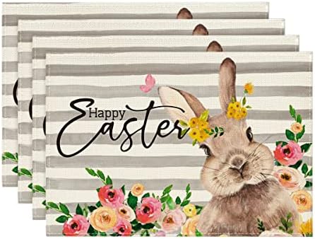 Artoid Mode Grey Stripes Bunny Rabbit Flowers Happy Easter Placemats Set de 4, 12x18 Inch covorașe de masă de primăvară pentru