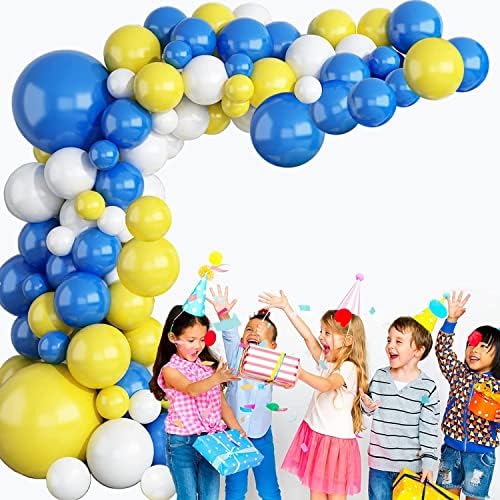 Albastru Galben alb balon Garland Kit, 90 pachet Albastru Galben Alb Latex baloane cu 16ft benzi pentru Baby Shower aniversare ziua de nastere nunta absolvire Birou Petrecere DIY Decor