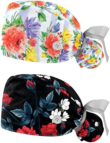 Pălărie de flori de flori cu cratițe și butoane 2 pachete Capace de scrub Femei părul lung de dimensiuni capacul capului de