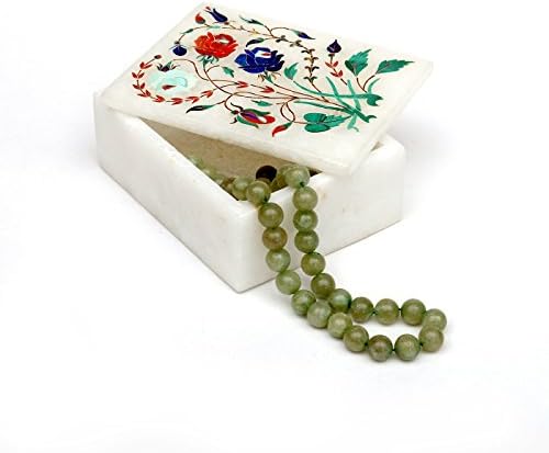 Cutie de bijuterii din marmură albă dreptunghiulară cu lucrări de incrustare