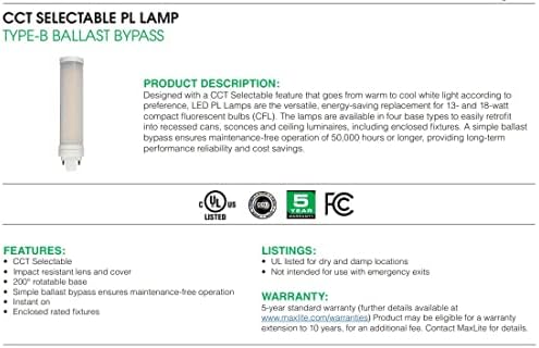 Maxlite 8PLG24QCS 104740 8W LED PL G24q bază CCT selectabil 2700/3000/3500/4000 / 5000k culoare Bypass Retrofit lampă 1 conta