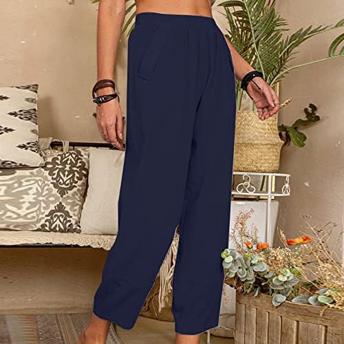 Pantaloni de vară pentru femei Firero Casual Color Solid Elastic Talie Cusăt Slub Bumbac Pantaloni cu picioare Latite cu buzunar