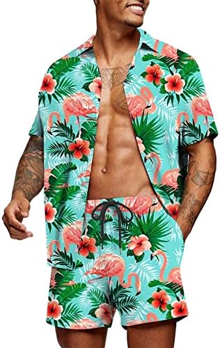 Lujengefa pentru bărbați 2 bucăți cămașă hawaiană și pantaloni scurți setează butonul de imprimare tropicală florală în jos,