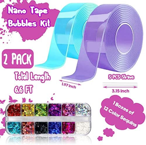 2 pachete Nano Tape bubbles Kit, baloane cu bule Super elastice cu 5 buc paie și Umflator de baloane, paiete cu sclipici de