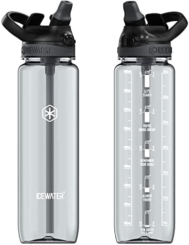 Icewater - Sticlă de apă de 32 oz cu capac de paie automată, sticlă de apă motivațională sport cu marcaj de timp