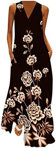 Rochie Cami cu buzunare fără mâneci florale Boho imprimare plaja sundress V-neck Plus Dimensiune Maxi rochie rochii de vara