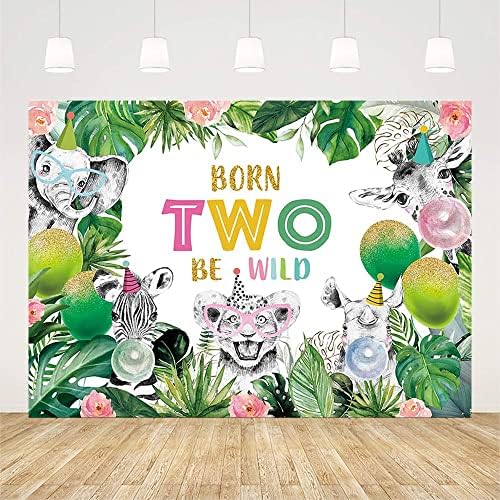 Aibiin 7x5ft Born Two Be Best Fundal for Kid Happy 2nd Birthday Fotografie fundal în junglă Safari Forest Frunze Tropicale