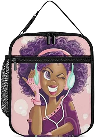 Afro-americană fată neagră dragoste Muzică păr violet Geantă de prânz izolată reutilizabilă pentru femei bărbați copii, Leakproof