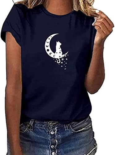 Femei 2023 Tricouri cu mânecă scurtă de vară, casual, gâtul rotund pulover Moon și pisici bluză imprimată bluze de tricou