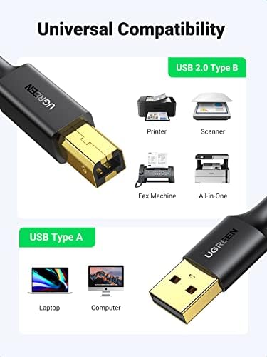 Cablu de imprimantă Ugreen USB 10ft cu cablu de 15ft USB A până la B, 2,0 USB B Cablu de imprimantă de mare viteză compatibilă