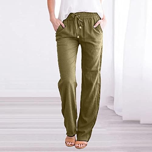 Pantaloni de lenjerie de vară casual pentru femei pantaloni cu picioare largi cu buzunare, se potrivesc cu culoare solidă pantaloni