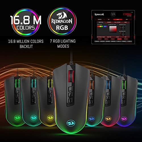 Mouse de Gaming Redragon M711 Cobra cu 16,8 milioane de culori RGB iluminate din spate, 10.000 dpi reglabil, prindere confortabilă,