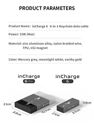 Rolling Square Incarch 6 Cablu de încărcare portabilă cu chei, cablu de încărcare multiplă 6-în-1, alb de lună