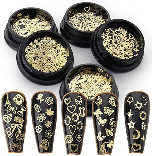 Știfturi de unghii din Metal auriu, set de decorațiuni cu fulgi de sclipici pentru unghii 3D, flori frunze fluture Geometrie