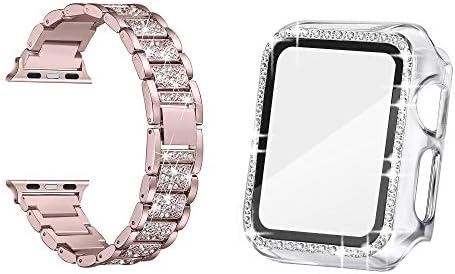Secbolt 40mm Clear Bling Carcasă cu protector de ecran și bandă de bling de aur roz pentru Apple Watch 40mm Iwatch SE SERIE
