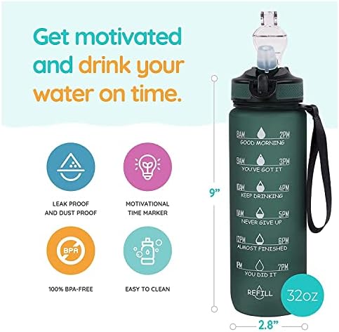 Sticlă de apă de neatins cu un marcaj de timp motivațional, sticla de apă non-toxică fără toxic, rezistent la scurgeri, ebook