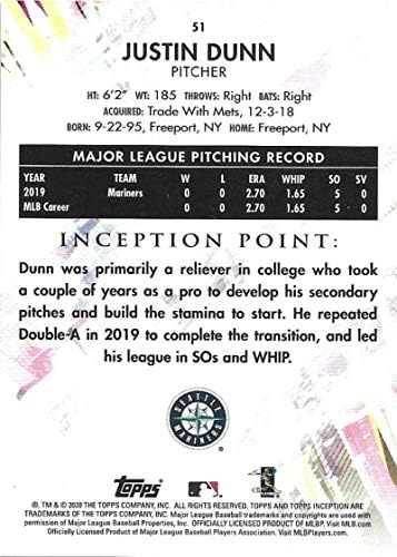 2020 Topps Inception 51 Justin Dunn Seattle Mariners Rookie Card de baseball
