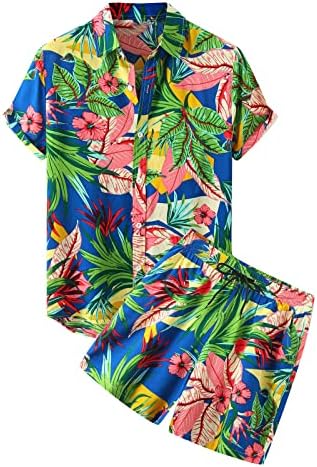 Mens 2 piese seturi hawaiiene cu buton casual Turndown Cardigan Turndown Imprimat cu mânecă scurtă Bluză de plajă și pantaloni