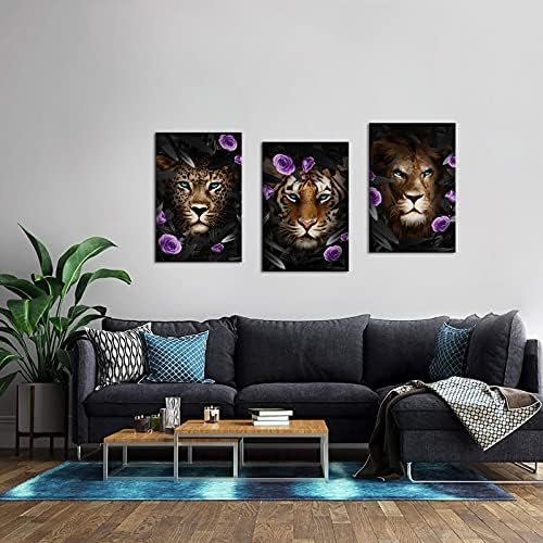 Duobaorom 3 bucăți cu flori animale de artă perete artă albastră ochi lepci lepard tigru cu pictură florală violet pentru dormitor